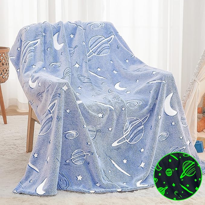inhand Blue Space Toys Glow in the Dark Stars Blanket Birthday Gifts for Boys Cute Kids Blanket and Funny Space Planet Moon Galaxy Room Decor for Age 3 4 5 6 7 8 9 10 11 12 13 Year Old (50''x60''Blue)