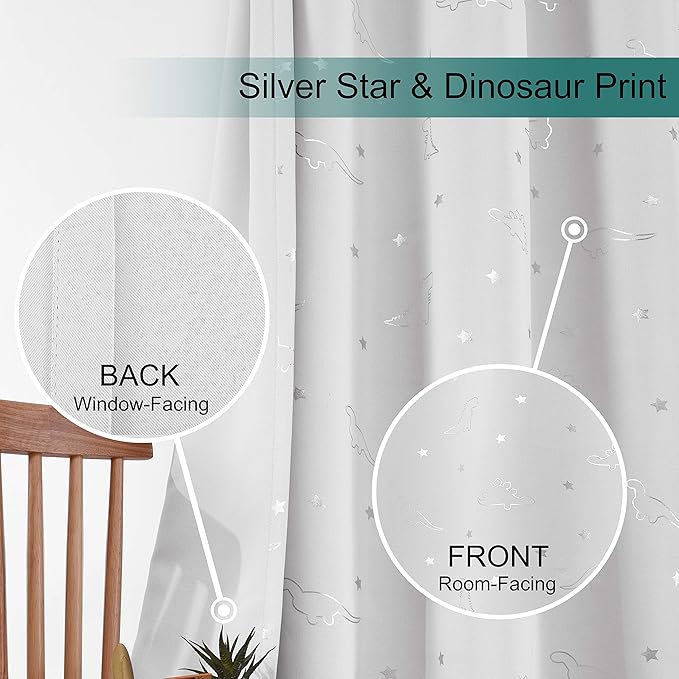 LORDTEX Dinosaur and Star Foil Print Blackout Curtains for Kids Room - Thermal Insulated Curtains Noise Reducing Window Drapes for Boys and Girls Bedroom, 42 x 63 Inch, White, Set of 2 Panels