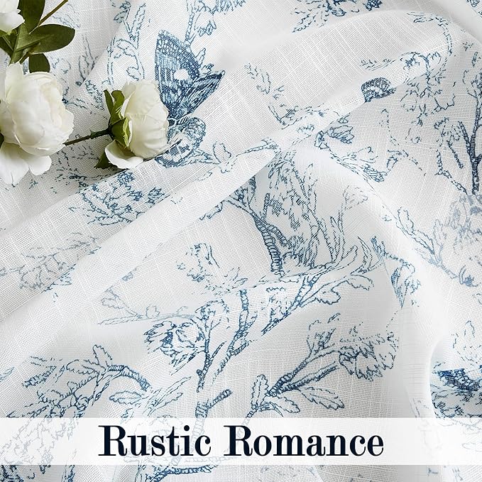 Jubilantex Butterfly Leaf Semi Sheer Curtains 95" L Curtain Panels for Kids Bedroom,Blue Print on White Light Filtering Window Drapes,Grommet Top