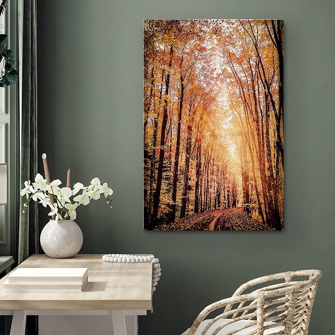 SIGNWIN Canvas Print Wall Art Rustic Trail Red Autumn Forest Nature Wilderness Photography Modern Art Farmhouse/Country Landscape Colorful Multicolor Ultra for Living Room, Bedroom, Office - 16x24