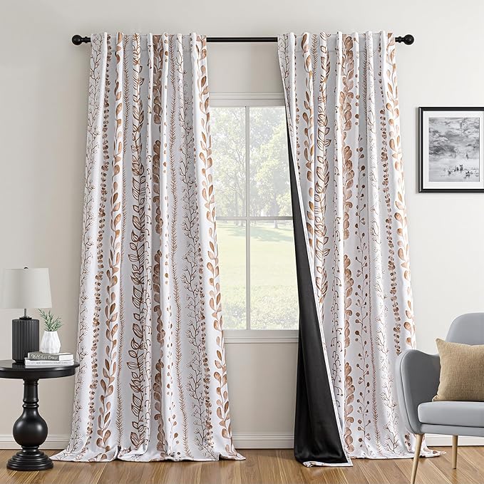 MEETSKY Blackout Curtains 72 Inches Long Leaves Patterned Farmhouse Thermal Insulated Privacy Protection Drapes with Rod Pocket Back Tab for Bedroom Living Room, 2 Panels, 50" Wide, Khaki