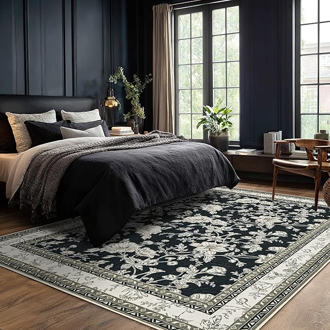 Black Boho Living Room Rug 5x8, Washable Low Pile Non Slip Area Rugs for Bedroom, Dining Room, Office, Farmhouse Retro Carpet Indoor Cream Beige Taupe Pattern Aesthetic Sketch Style Vintag Room Decor