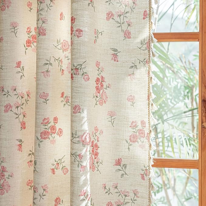 ENJOYBRIDAL Pink Floral 96 Inch Curtains 2 Panel Set Boho Tassel Drapes Farmhouse Rod Pocket Semi Sheer Long Window Curtains Bedroom Living Room Rustic Dining Room Aesthetic Decor Window Treatments