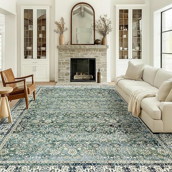 Dark Green Rug for Bedroom Neutral Boho Farmhouse Floral Washable Soft Faux Wool No Slip Area Rugs for Living Room Home Office,5x8