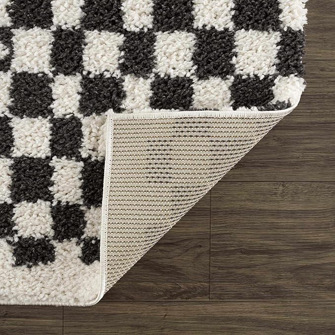 Hauteloom Kieu Contemporary Checkered Fluffy Shag Area Rug - Modern Geometric Soft Carpet Tiles for Living Room, Kids Room, Nursery - Black, White - 18" Sample
