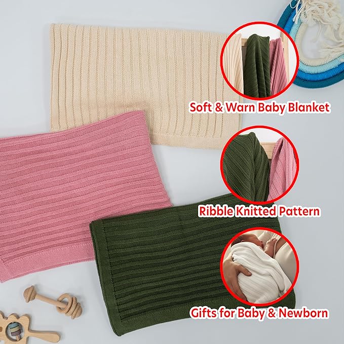 Baby Knit Blanket, 100% Cotton Ribble Patterns, Soft, Cozy, Lightweight Swaddle for Newborn & Infant Swaddling Beige Neutral, Perfect Baby Shower Ideas White 30x30