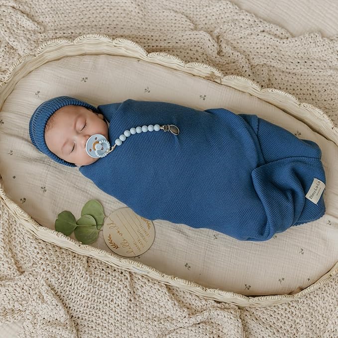 Luxe Collection 100% Organic Cotton Luxury Knit Baby Blanket + Hat Set (Denim Blue)