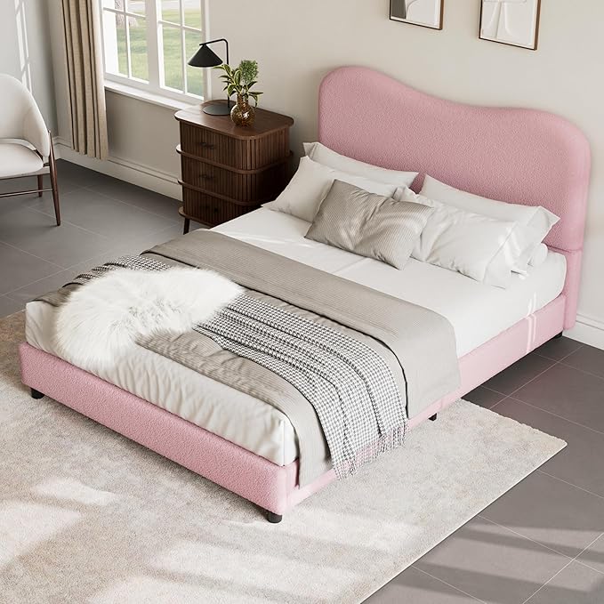 Senfot Pink Boucle Bed Frame with Upholstered Headboard, Soft Low Profile Sturdy Platform Bed with Rounded Corners Design, Heavy Duty, Wooden Slats, Noise Free, No Box Spring Needed, Full Size