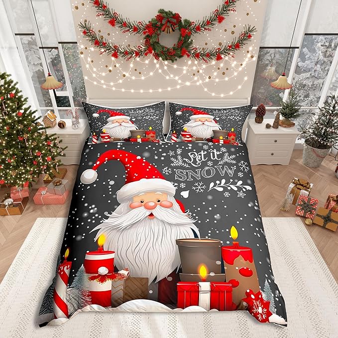 Christmas Duvet Cover Set Twin Size Santa Claus with Candles and Gift Boxes Print Bedding Set 2pcs for Kids Boys New Year Theme Comforter Cover Winter Snow Quilt Cover with 1 Pillowcase,No Comforter