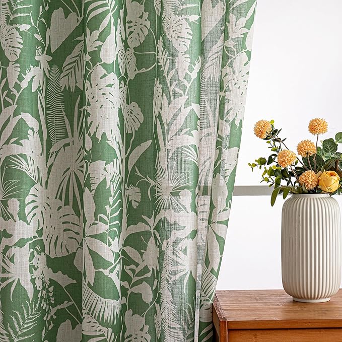 MYSKY HOME Tropical Linen Curtains for Living Room 84 inch Length 2 Panels Set Decor Semi Sheer Curtains Green Palm Leaves Plant Pattern Window Drapes for Bedroom Dining Room Patio, Green, 2 Pcs