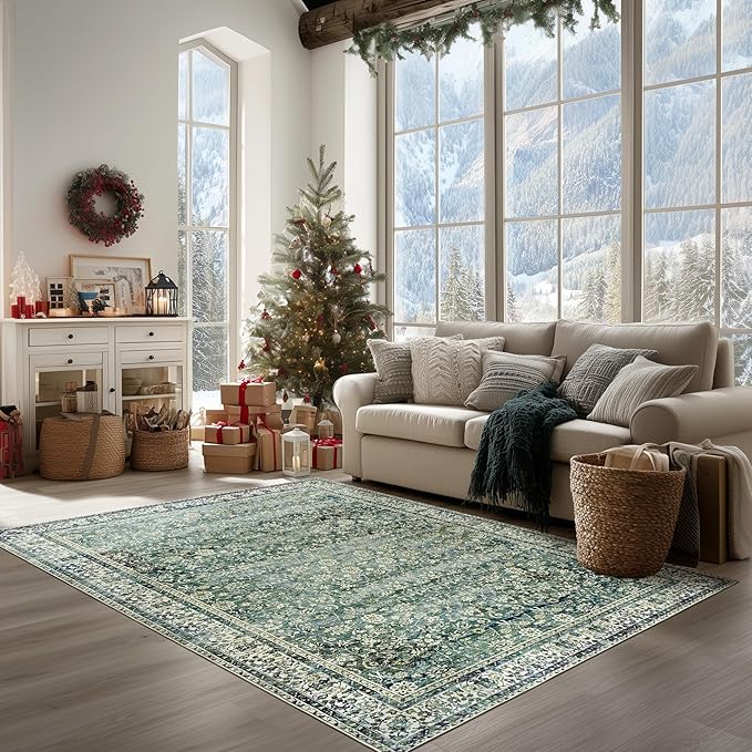 9x12 Area Rugs Washable Rug for Living Room Big Bedroom Under Bed,Faux Wool Soft No Slip Floral Boho Vintage Extra Large Carpet for Dining Room Under Table,9 by 12,Emerald Dark Green
