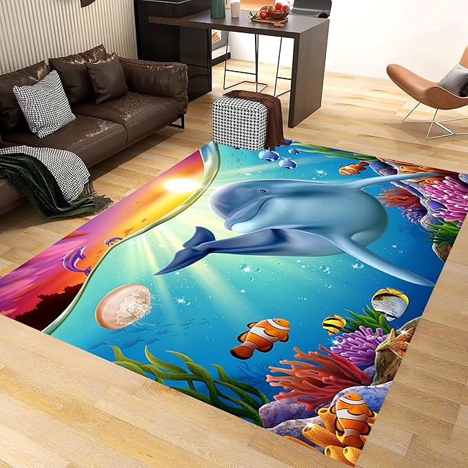 Blue Dolphin Area Rug for Bedroom, 6x9ft, Undersea Ocean Animal Print Indoor Carpet, Beach Tropical Fish Home Decor Playing Mat, Low Pile Breathable Non Shedding Rugs for Kids Room