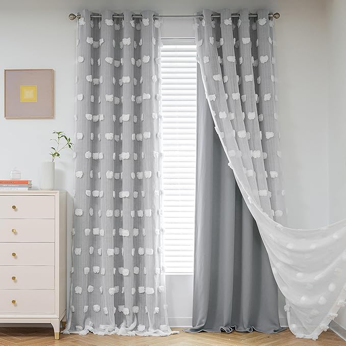 MYSKY HOME Grey Curtains for Bedroom 72 Inches Long Blackout Curtains Pom Pom White Sheer Curtains for Boys Room Double Layer for Toddler Bedroom Grommet Room Darkening Window Panels 52 x 72 Inch