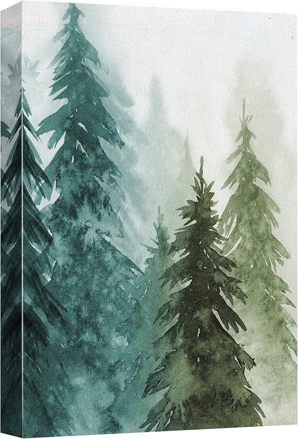 SIGNWIN Canvas Print Wall Art Woodland Nursery Decor Green & Teal Watercolor Forest Pine Trees Floral Nature Illustrations Modern Chic Dramatic Multicolor for Living Room, Bedroom, Office - 12"x18"
