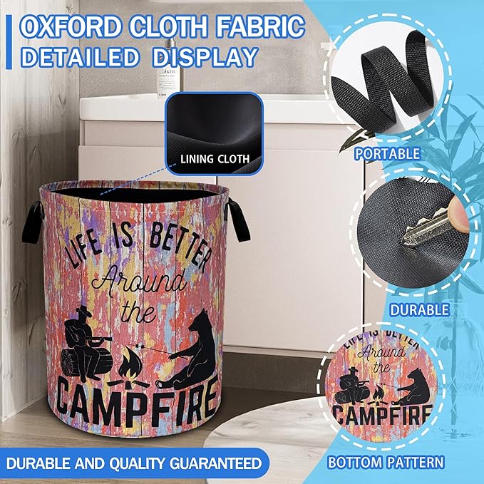 Life Is Better Around The Campfire Laundry Basket Oxford Cloth Funny Laundry Hamper With Handle Foldable Portable Clothes Storage Basket 18.9 X 16.5 Inch Storage Bag For Laundry Room/Bathroom/Bedroom