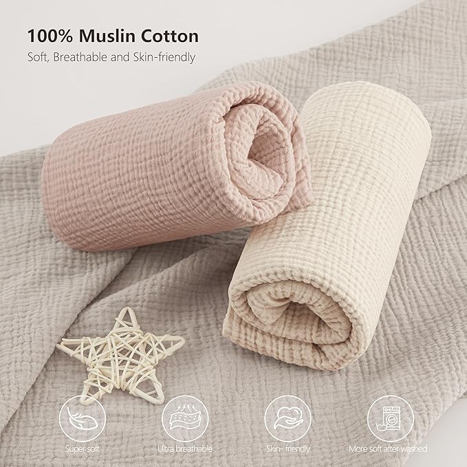 Bearmoss Muslin Mini Crib Sheets for Pack N Play Mattress - 100% Cotton - 38"x26" Soft Breathable Playard Baby Crib Sheets Neutral for Boys Girls - 2 Pack (Baby Face)