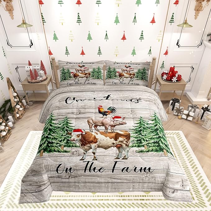 Christmas Farmhouse Bedding Set for Boys Girls,Cartoon Cow Chicken Pig All Season Cozy Comforter Set Full Size,Xmas Pine Trees Snowflake Duvet Set Bedroom Decor,Festival Gifts