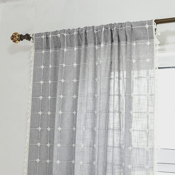 Deeprove Boho Curtain Valance18 Inches Long for Kitchen Cafe Closet, Cotton Linen Gray Plaids Embroidered Short Bohemian Farmhouse Window Treatment Grids Drape Tassels, 1 Panel W52 x L18 Grey