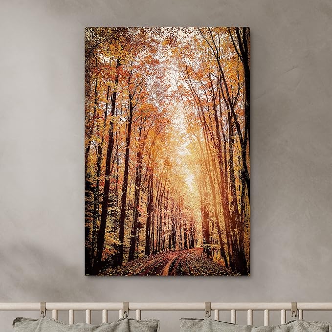 SIGNWIN Canvas Print Wall Art Rustic Trail Red Autumn Forest Nature Wilderness Photography Modern Art Farmhouse/Country Landscape Colorful Multicolor Ultra for Living Room, Bedroom, Office - 12x18