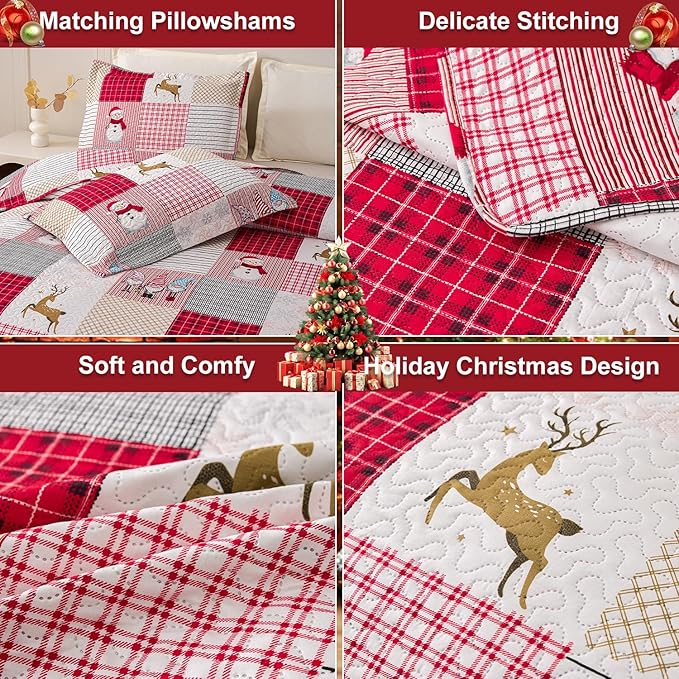 Jessy Home Christmas Bedding Set Twin Christmas Quilt Bedspread,Pink Gnome Santa Claus Plaid Patchwork Xmas Quilt Bedding Decor Winter Snowman Elk Lightweight Reversible Bedspread Coverlet