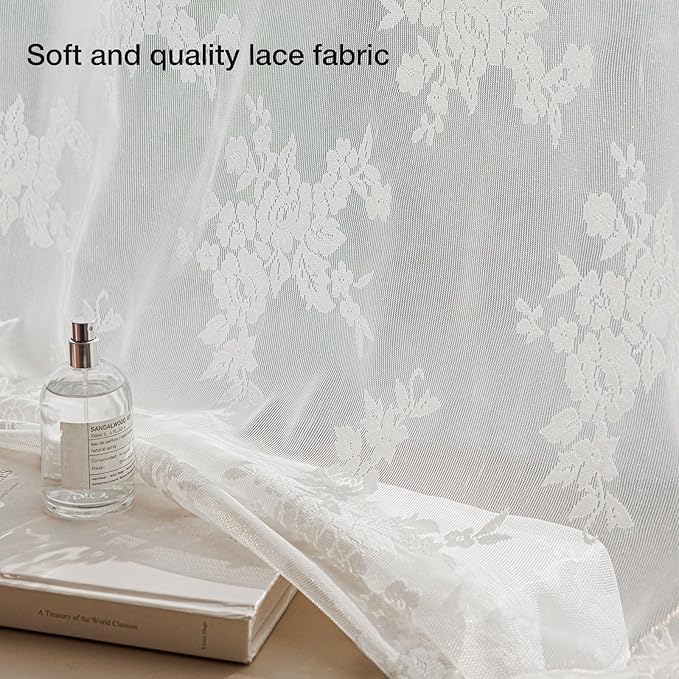 Anmao Vintage Lace Curtains 90 Inches Long 2 Panels, Romantic Elegant Light Filtering Semi Sheer Floral Thick Lacy Curtain Drapes for Living Room and Bedroom, Each Panel 55W x 90L, White Rose