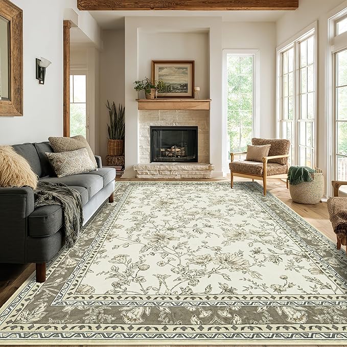 Beige and Taupe Farmhouse Washable 9x12 Area Rugs for Living Dining Room Bedroom Office Kitchen Table Large Rug for Under Table, Light Tan Cream Khaki Sketch Pattern Floral Vintage Boho Home Decor