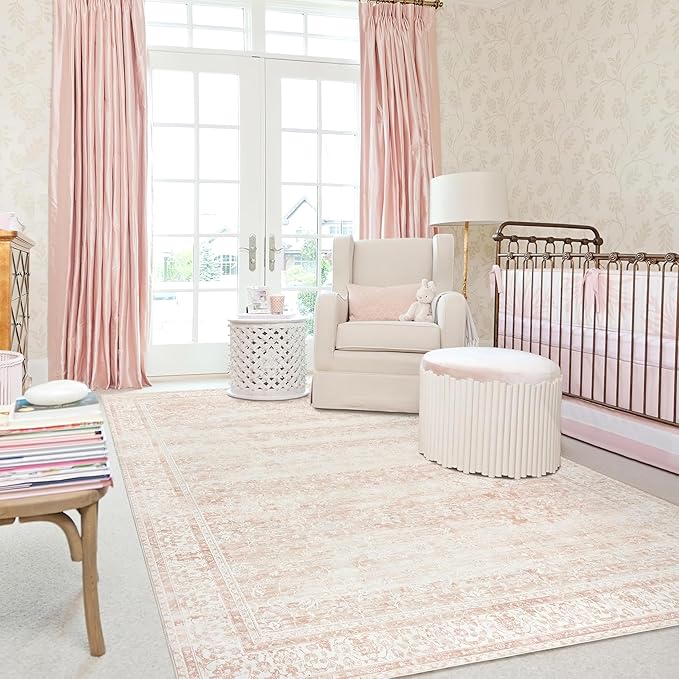 Pink Area Rug for Living Room Soft Washable Faux Wool Neutral Boho Floral Big Nursery Bed Bedroom Livingroom Carpet Size Extra Large Area Rugs 8x10