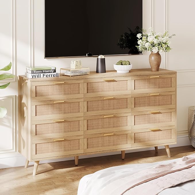 Rovaurx 12 Drawer Double Dresser for Bedroom, Rattan Chest of Dressers, Modern Wooden Dresser Chest with Golden Handles, Beside Table for Closet, Living Room and Entryway, Natural