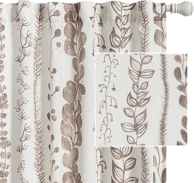 MEETSKY Flax Linen Boho Curtains 95 Inches, 2 Panels Light Filtering Window Modern Cotton Curtain for Living Room Brown Leaf Printed Soft Rod Pocket Curtain for Bedroom Office, 52x95 Inch
