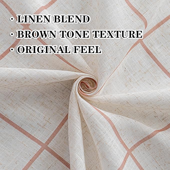 MYSKY HOME 100% Blackout Plaid Farmhouse Linen Curtains 84 Inch Long 2 Panels Set for Living Room Double Layer Checkered Drapes Thermal Insulated Privacy Protection Rod Pocket Back Tab, 52" W, Tan