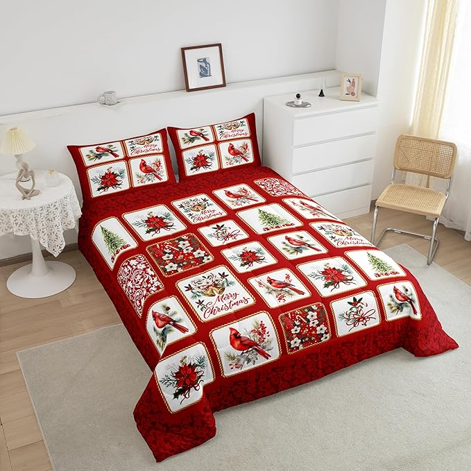 Castle Fairy Merry Christmas Comforter Set King Size,Red Patchwork Xmas Themed Plaid Bedding Set All Season Quilt Set,Cardinals Berries Bells Floral Pine Microfiber Polyester Down Comforter