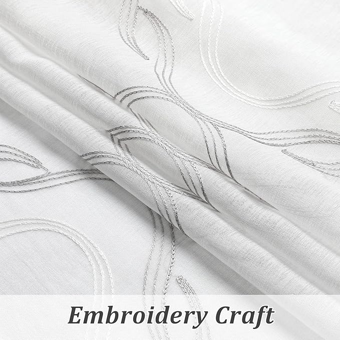 VISIONTEX Sheer Curtains 95 Inches Long 2 Panels Set, Grey and Ivory Moroccan Embroidery Texture Geometric Rod Pocket White Voile Tulle Semi Window Treatment Pair for Bedroom, W54 x L95