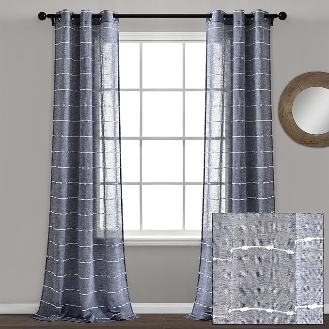 Lush Decor Farmhouse Textured Grommet Sheer Window Curtain Panel Pair, 38"W x 95"L, Navy