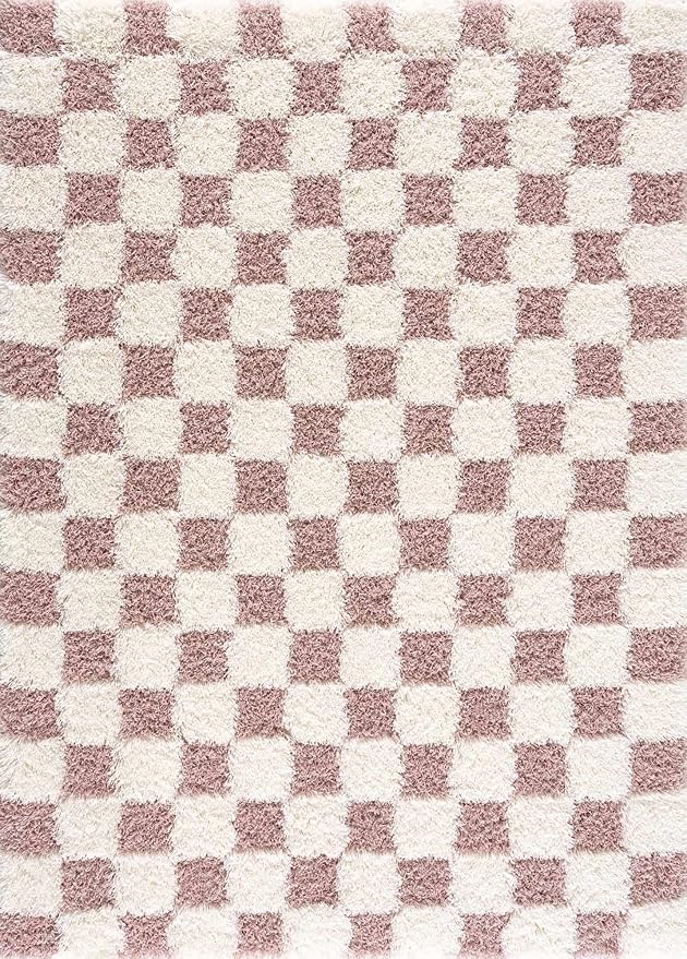 Hauteloom Atira Contemporary Checkered Fluffy Shag Area Rug - Modern Geometric Carpet Tiles for Living Room, Kids Room, Nursery - Plush Pile - Cream, Pink - 8'10" x 12'