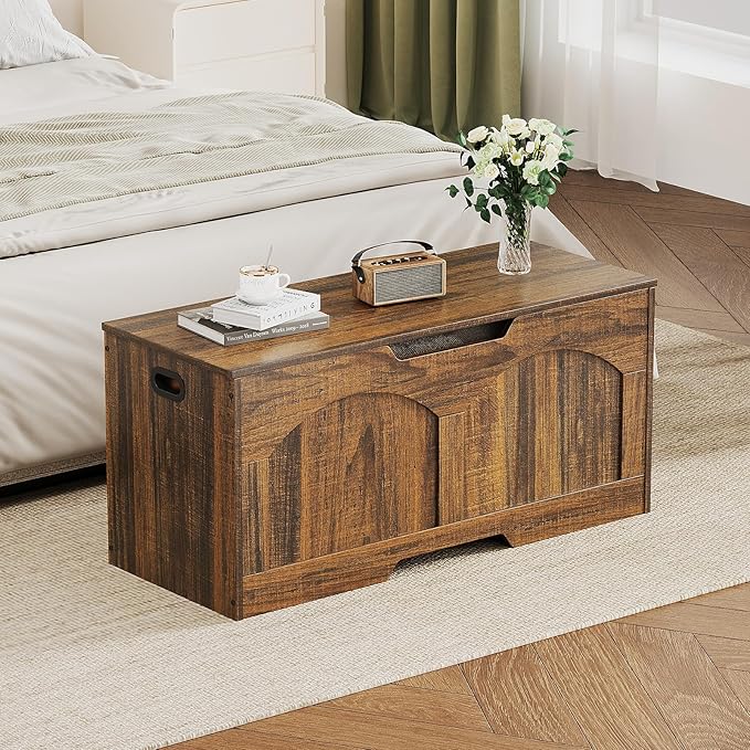 Storage Chest, 31.5" Storage Bench with 2 Safety Hinges, Farmhouse Style, 31.5 x 15.7 x 18.3 Inches, U-Shaped Opening for Entryway, Bedroom, Living Room, Supports 330 lb, Rustic Brown
