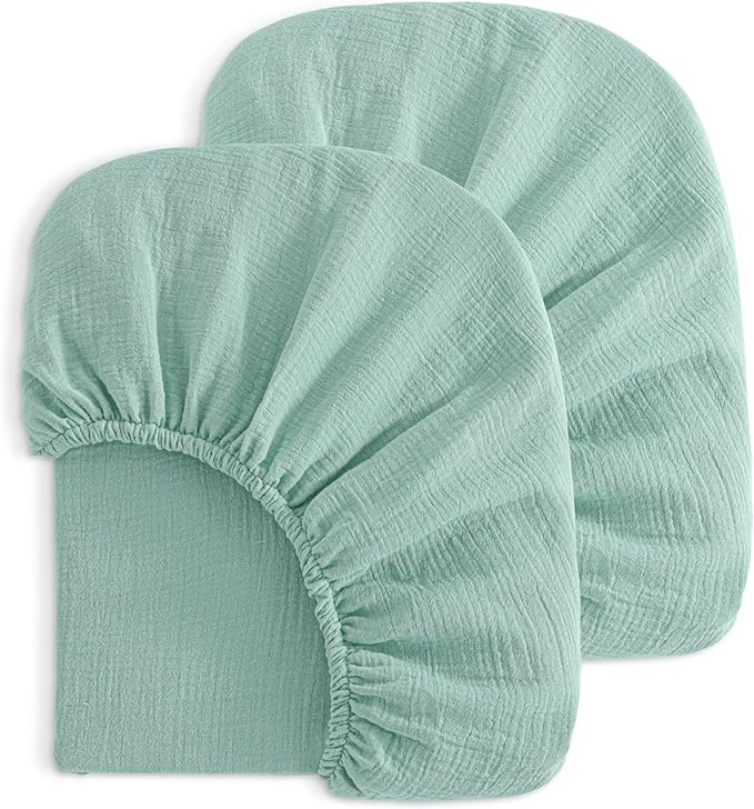NTBAY 2 Pack Muslin Cotton Mini Crib Sheets, Soft and Breathable Double Layer 24x38 Baby Crib Sheets for Mini Crib and Toddler Mattresses, Boys, Girls, Unisex, Mint, 24x38 Inches