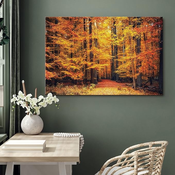 SIGNWIN Canvas Print Wall Art Golden Red Autumn Tree Leaf Forest Trail Nature Wilderness Photography Modern Art Rustic Landscape Relax/Calm Multicolor for Living Room, Bedroom, Office - 24x36