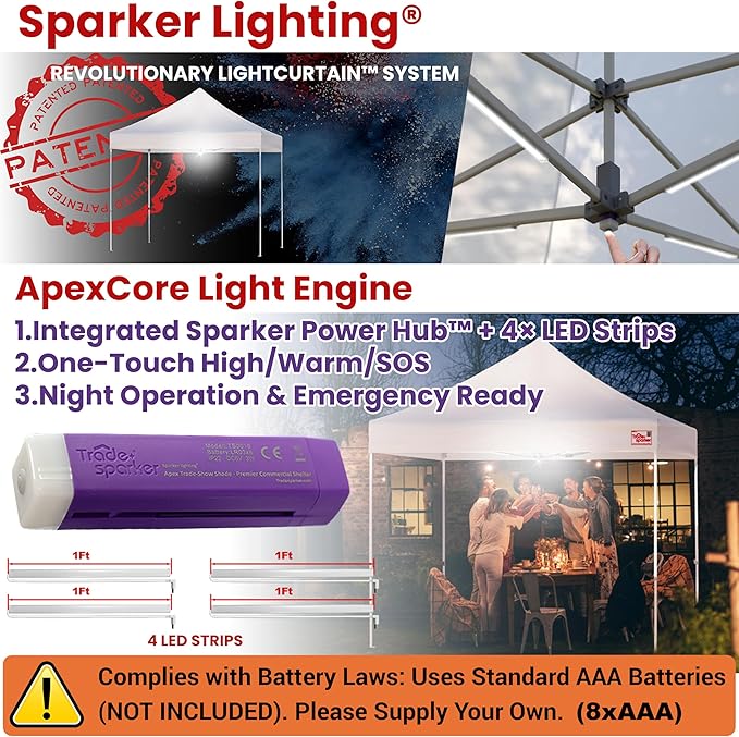 Tradesparker 10x15 Pop Up Canopy Tent,Commercial Movable Canopy with ApexCore LED & Rugged Casters-Instant Easy Setup Shelter Canopies with Weight Bags & Stakes for Oudoor Events Markets Vendors,White