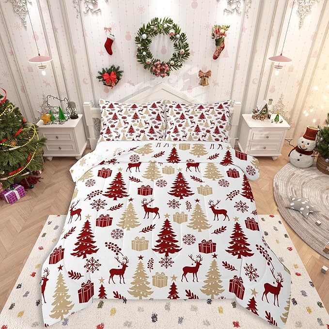 Feelyou Christmas Comforter Set All Season Xmas Tree Bedding Set with 2 Pillow Cases Reindeer Microfiber Kids Queen Bedclothes Snowflake Gift Bedroom Decor Duvet Quilt Breathable Soft Lightweight