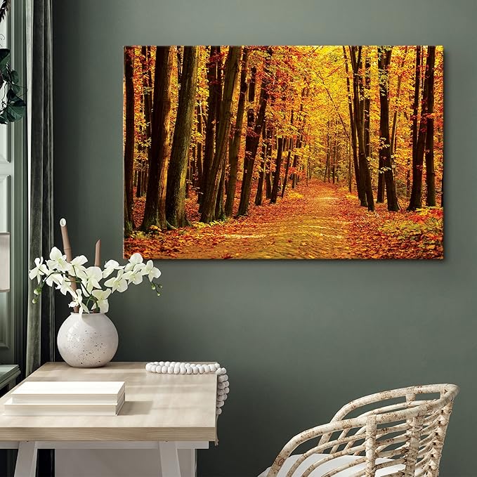SIGNWIN Canvas Print Wall Art Walk Through Red Yellow Leaf Autumn Forest Nature Wilderness Photography Modern Art Rustic Landscape Relax/Calm Multicolor for Living Room, Bedroom, Office - 24x36
