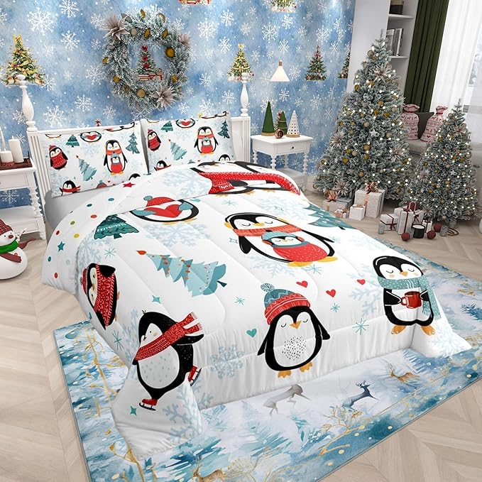 Castle Fairy Winter Snowflake Happy Xmas Theme Comforter Set with 2 Pillowcases,Christmas Tree Super Soft Microfiber Bedding Set for Adults Teens,Cartoon Penguin Duvet Set for Room Decor,King