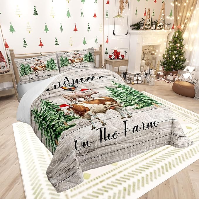 Castle Fairy Xmas Pine Trees Snowflake 3 Pcs Queen Size Comforter Set,Cartoon Cow Chicken Pig Down Alternative Adults Room Decor,Christmas Farmhouse Ultra Soft Microfiber Inner Fill 3Pcs Bedding