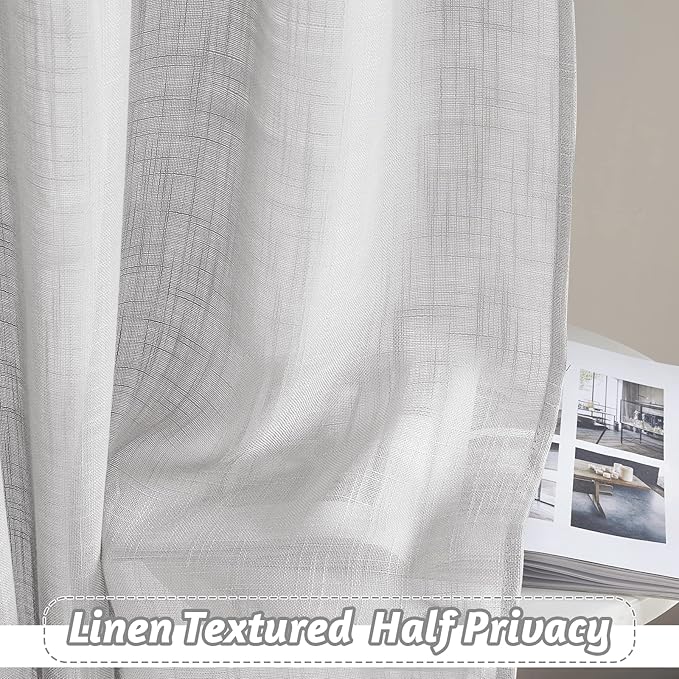 RYB HOME Linen Sheer Curtains - Privacy Textured Semi Sheer Drapes Light Glare Filtering for Bedroom Living Room French Door Window Decor, Width 52 in x Length 84 in, 2 Panels, Dove Grey