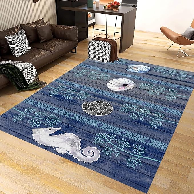 Nautical Living Room Rug, 3x4ft, Ocean Theme Conch Shell Seahorse Indoor Rugs, Beach Waterweed Kitchen Decor Mats, Durable Shed Resistant Cozy Easy Clean Carpet for Bedroom Family