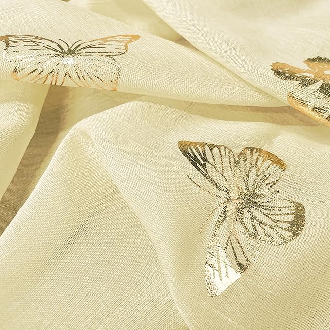 Jubilantex Yellow Butterfly Sheer Curtain Panels for Kids Nursery Bedroom, Baby Girls Toddler Gold Print Linen Textured Rod Pocket Voile Drapes 63 Inch Long for Living Room,2 Panels