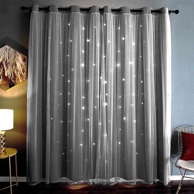 Kinryb Kids Blackout Curtains for Bedroom/Living Room/Classroom, Sheer Overlay 95 Inches 2 Panel Set, Double Layer Curtains with Star Cutout for Kids Room(W 52 x L 95 Inches,Silver Grey 2 Pcs)