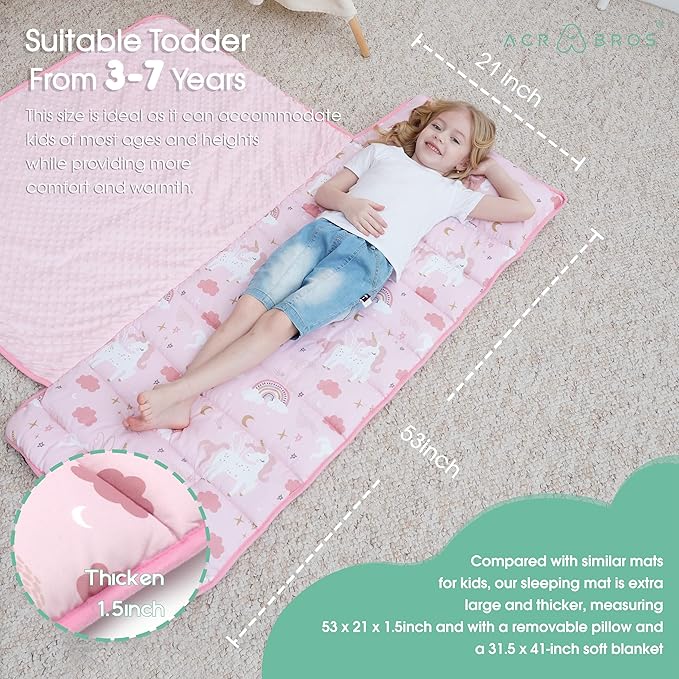 ACRABROS Toddler Nap Mat with Pillow and Blanket, Extra Large Rolled Napping Mats,Slumber Bags for Boys Girls,Kids Sleeping Bag for Daycare, Preschool Travel Camping, Unicorn