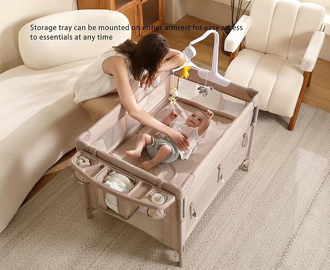 Pack and Play, 5 in 1 Baby Playard – Portable Crib, Bassinet, Bedside Sleeper, Changing Table & Playpen | Breathable Mesh | Safe & Foldable for Newborns to Toddlers (Beige)
