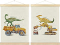 BCUANGD Dinosaur and Construction Truck Wall Decor - Dinosaur Dino Poster Hanger with Wood Frames Set of 2, Baby Car Vehicles Wall Hanging Canvas Decor for Kids Room Nursery Playroom, 12x16 Inches