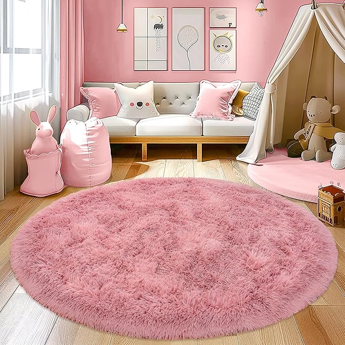 Round Fluffy Rug 8FT Blush - Super Soft Circle for Kids Room - Shaggy Circular for Nursery - Fuzzy Plush for Teens - Furry Carpet for Boys Girls Room